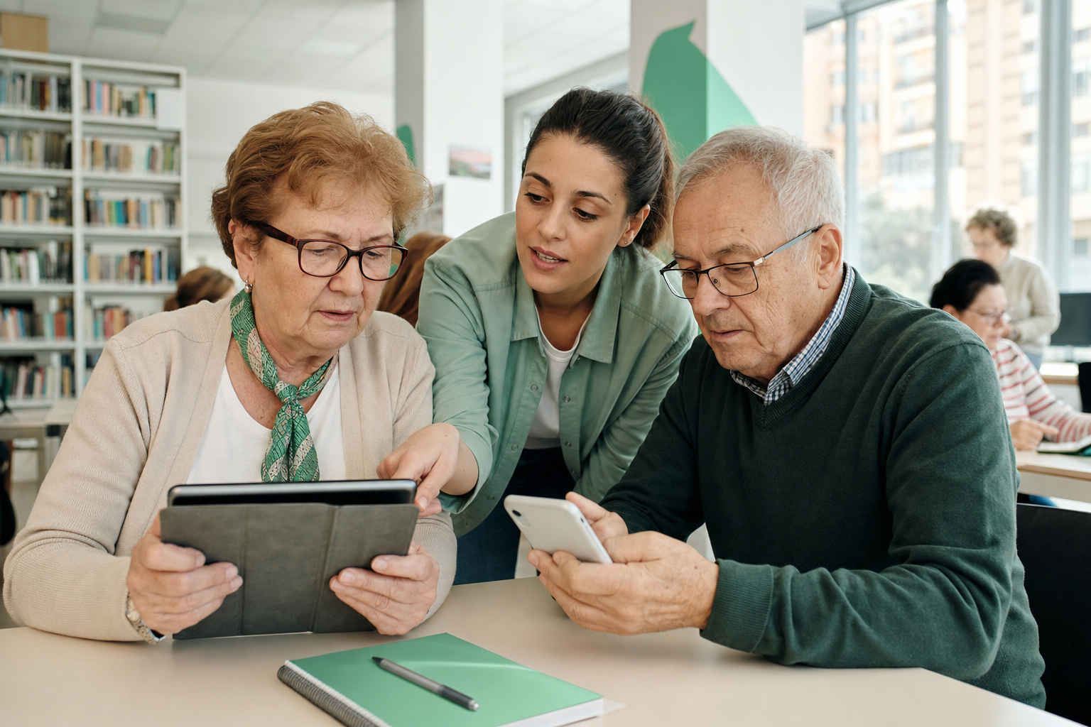 Formadora acompañando a dos personas mayores durante un taller digital