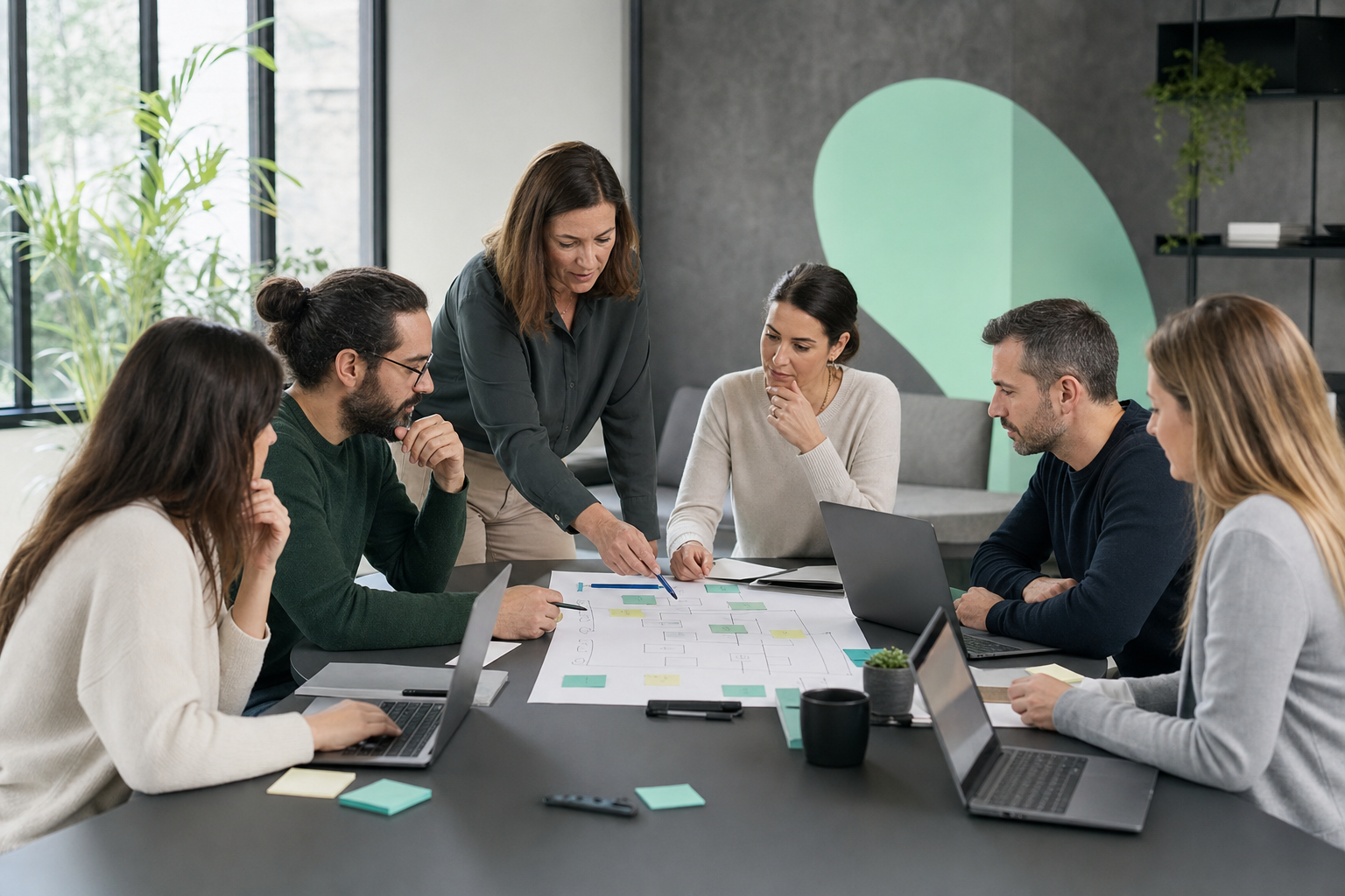 Equipo profesional aprendiendo Power Platform mediante un mapa de procesos