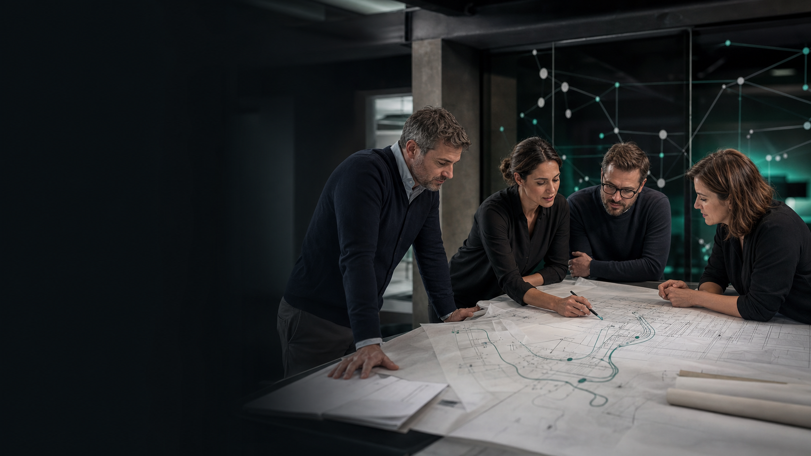 Equipo analizando una arquitectura operativa sobre una mesa de trabajo