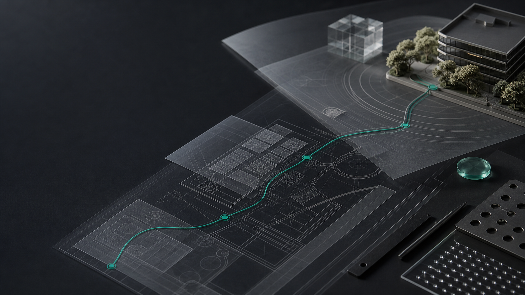 Planos arquitectónicos atravesados por una ruta verde que conduce a un resultado construido